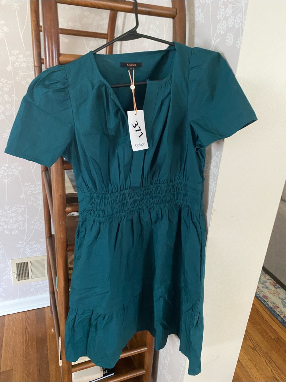 Quince Ocean Green Short-Sleeve Gathered-Waist Mini Dress